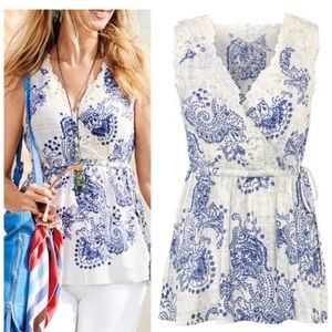 Cabi Veranda Lace Trim Paisley Sleeveless Top Small